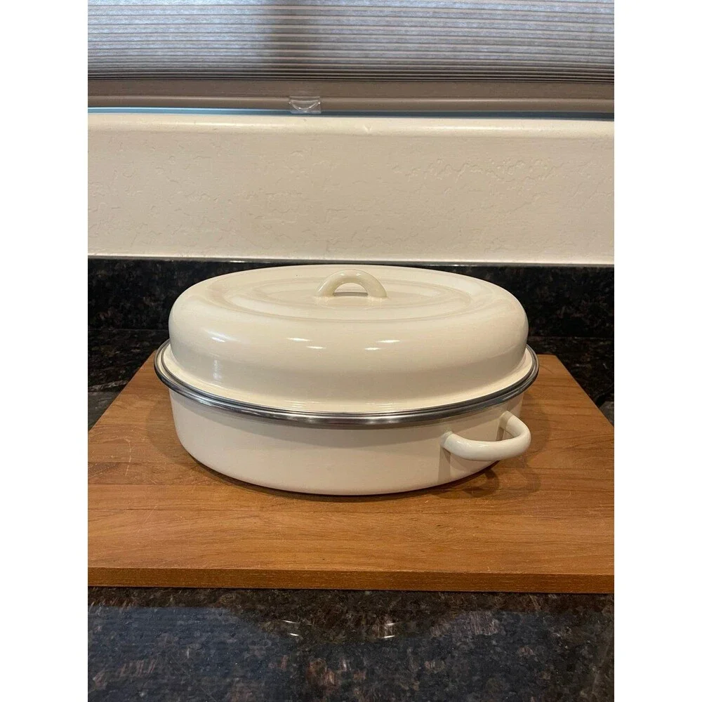 13 X 9 White Enamel Porcelain Roasting Pan With lid